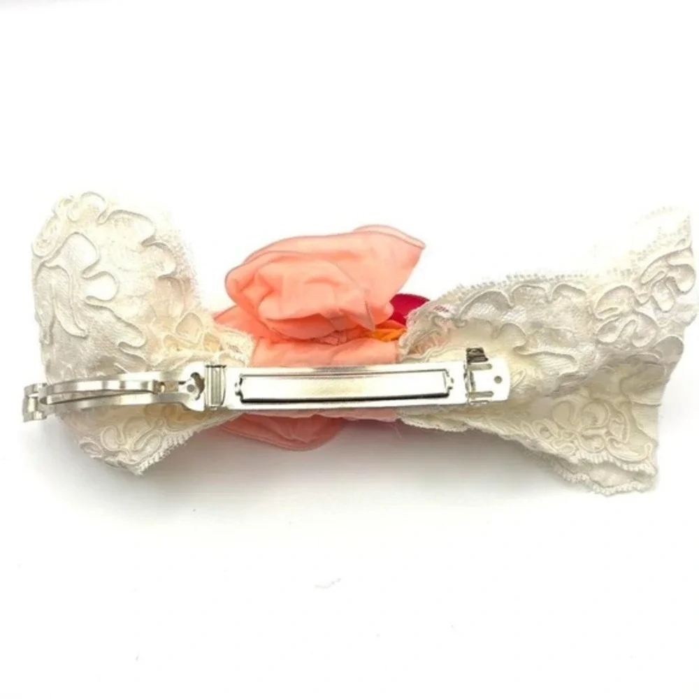 Vintage Made in France Pink Peach Rose Floral Lace Hair Clip Barrette Accessory